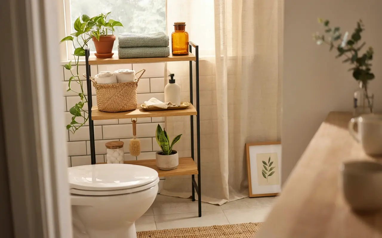 Freestanding over-the-toilet shelving with towels, plants, and baskets in a cozy small bathroom