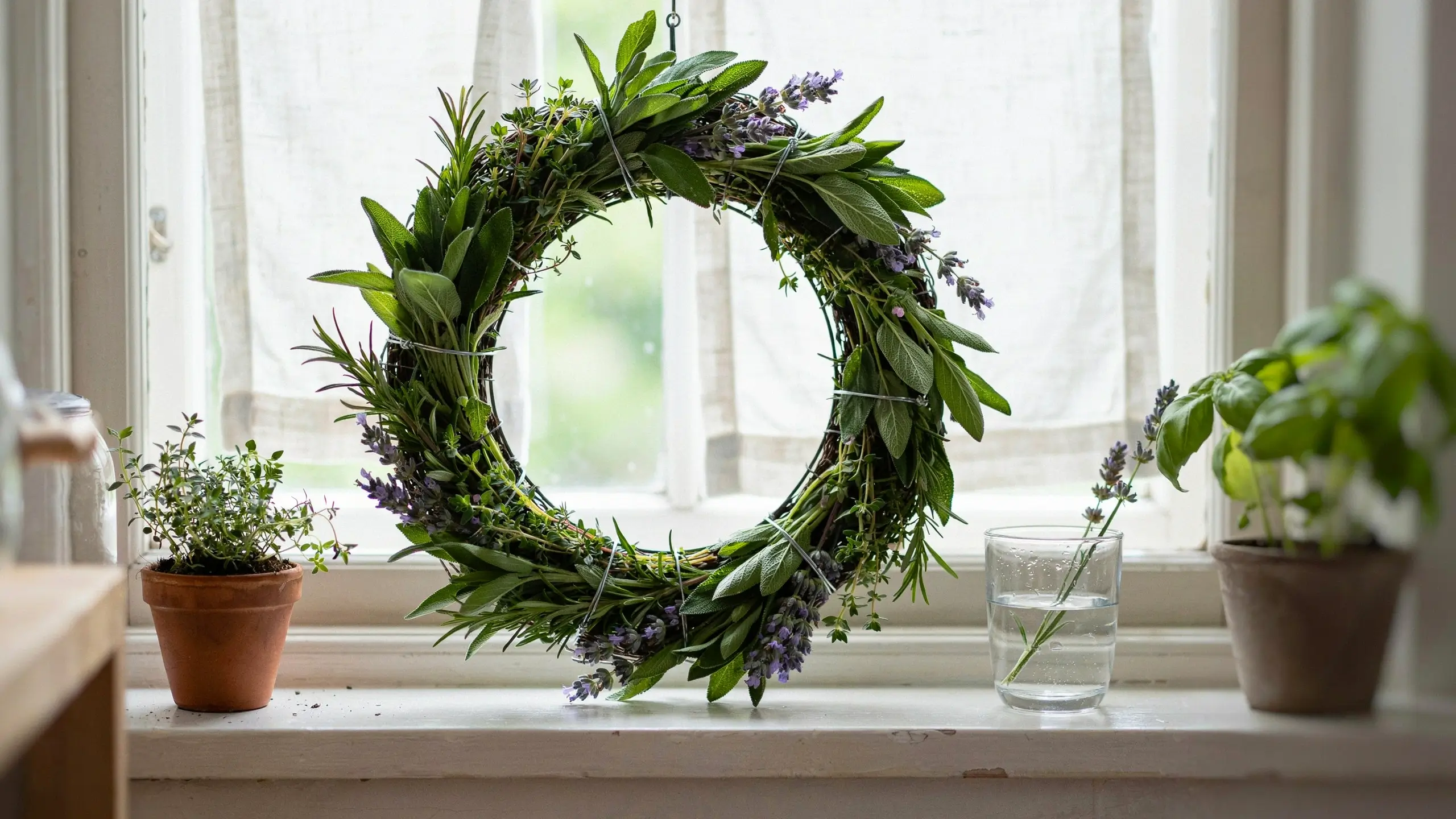 Hanging fresh herb wreath with green sage, rosemary, and purple lavender, placed by a window with potted thyme on a white sill. 