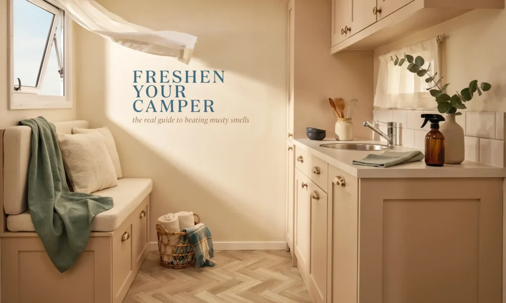 Sunlit and airy camper interior with open window ventilation, a built-in cream bench with a sage green throw blanket, and a kitchenette featuring a brown cleaning spray bottle and eucalyptus branches. The graphic overlay reads 'Freshen Your Camper: the real guide to beating musty smells'.