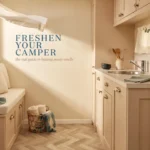 Sunlit and airy camper interior with open window ventilation, a built-in cream bench with a sage green throw blanket, and a kitchenette featuring a brown cleaning spray bottle and eucalyptus branches. The graphic overlay reads 'Freshen Your Camper: the real guide to beating musty smells'.