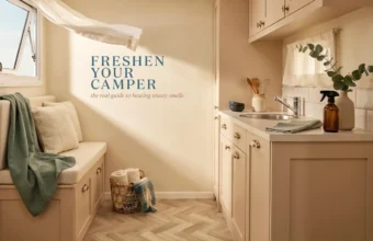 Sunlit and airy camper interior with open window ventilation, a built-in cream bench with a sage green throw blanket, and a kitchenette featuring a brown cleaning spray bottle and eucalyptus branches. The graphic overlay reads 'Freshen Your Camper: the real guide to beating musty smells'.