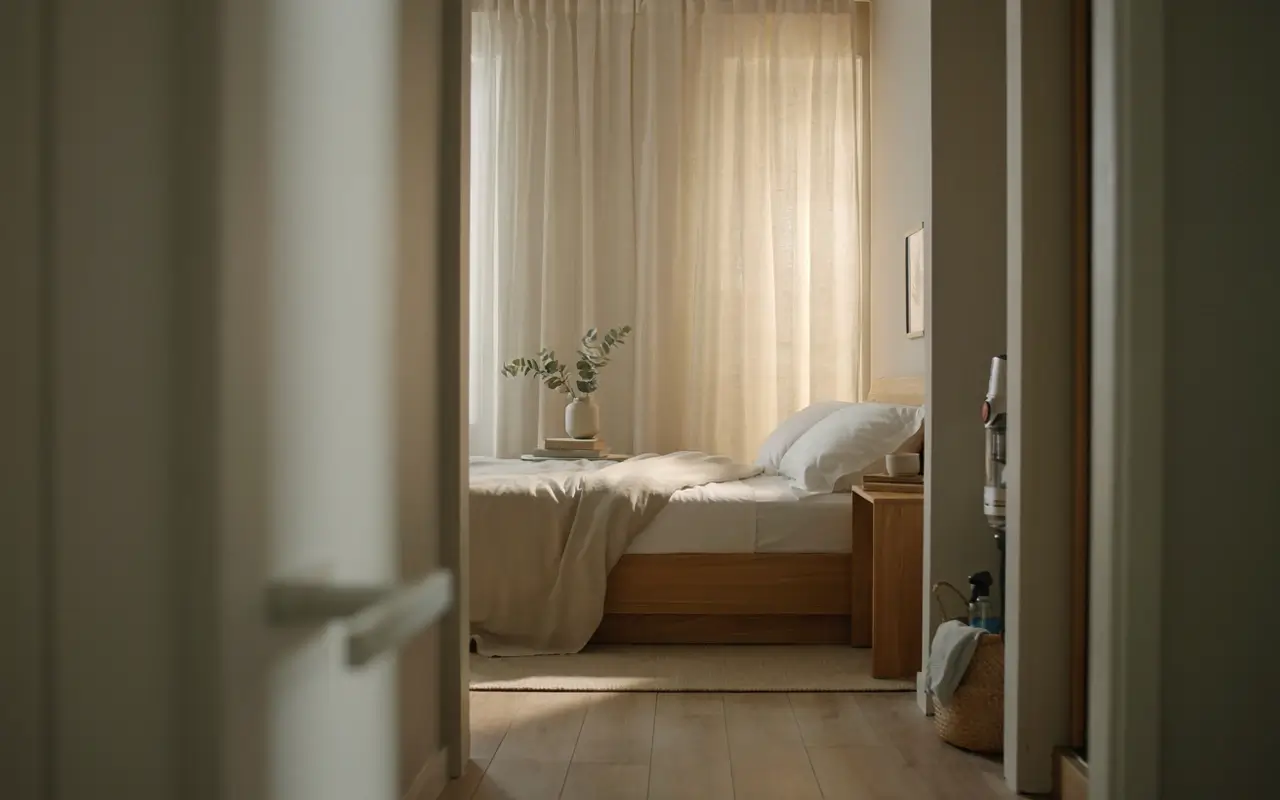 Freshly cleaned mattress in a peaceful, sunlit bedroom with crisp white bedding.