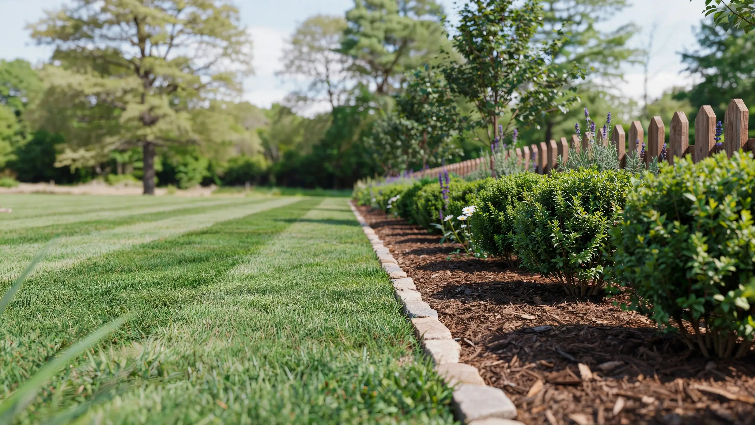 A pristine, freshly mowed lawn featuring professional mowing stripes and precision stone edging separating the grass from a landscaped shrub garden.