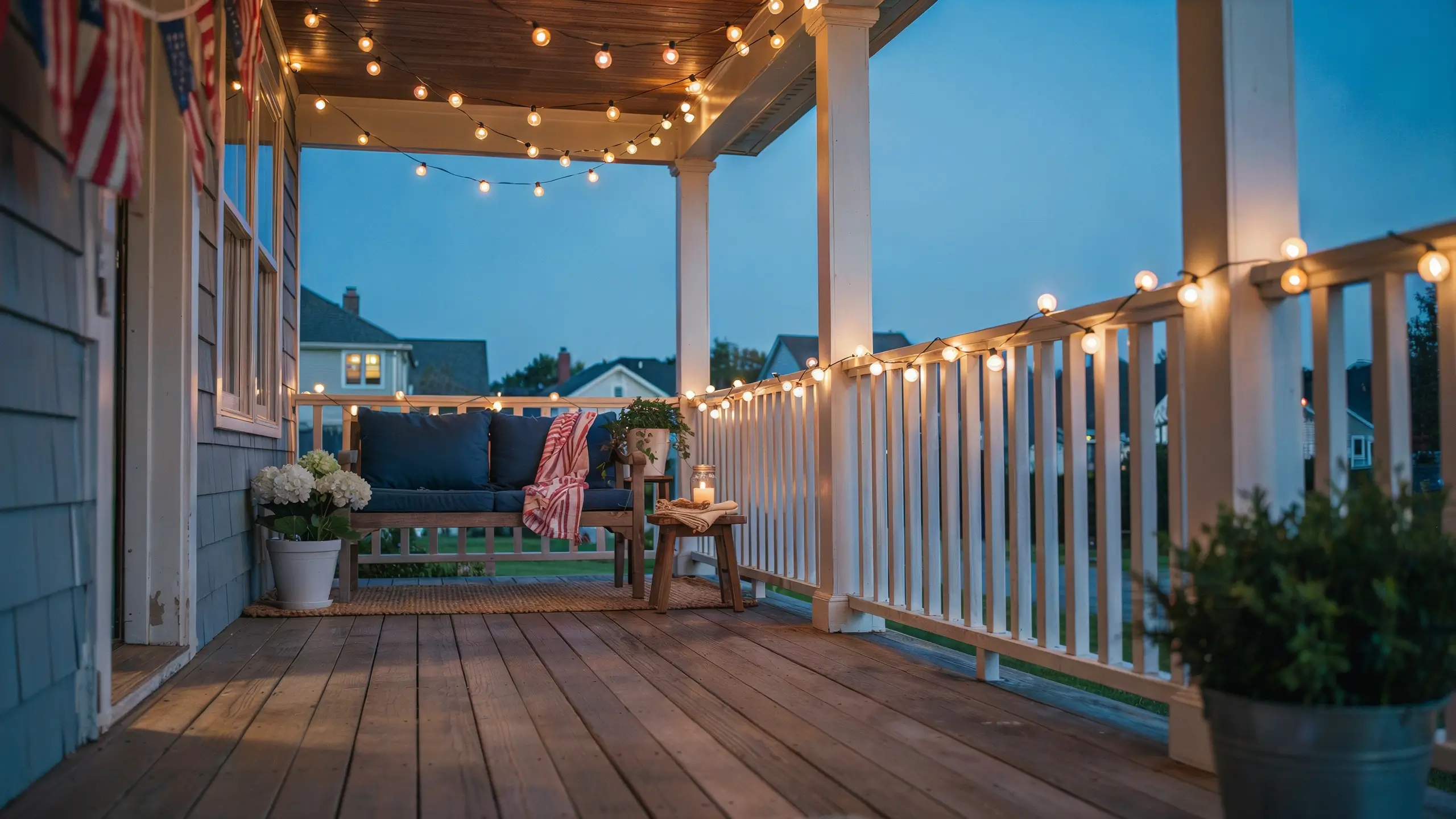 Patriotic front porch with warm string lights along the ceiling and white railing at dusk.