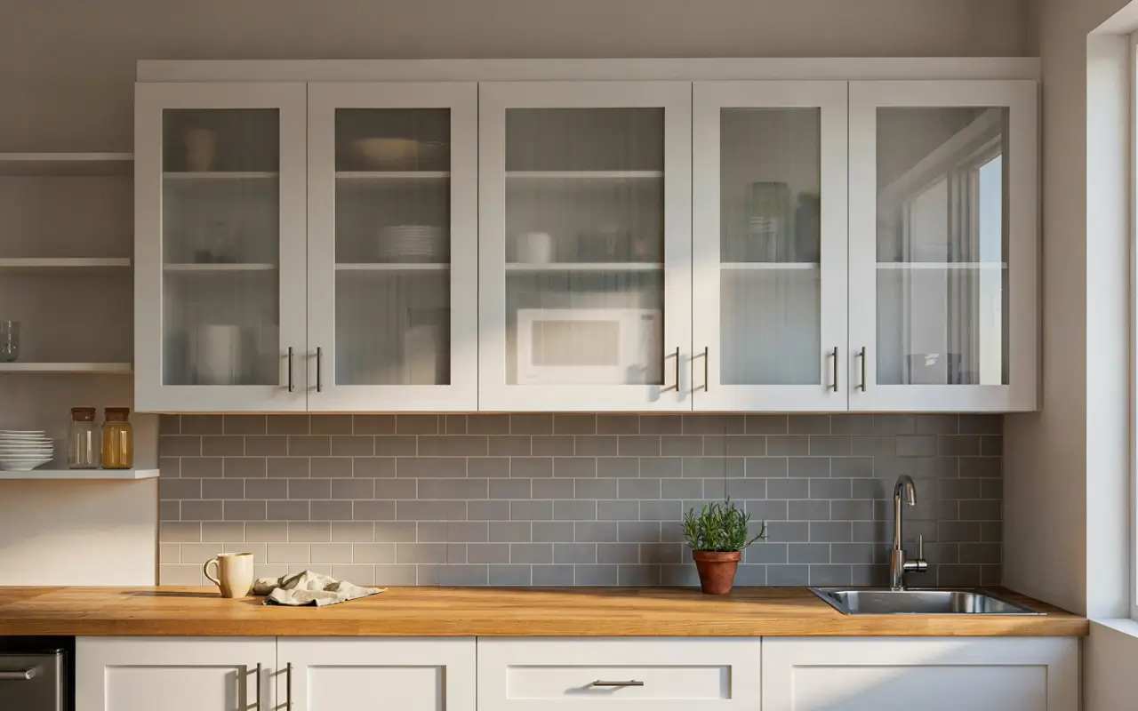 Frosted glass kitchen cabinets above a wood countertop with gray backsplash and sink.