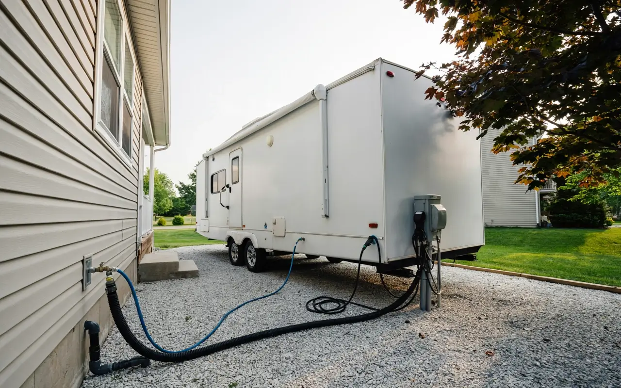 RV parked beside a home with water, electric, and sewer hookups connected.