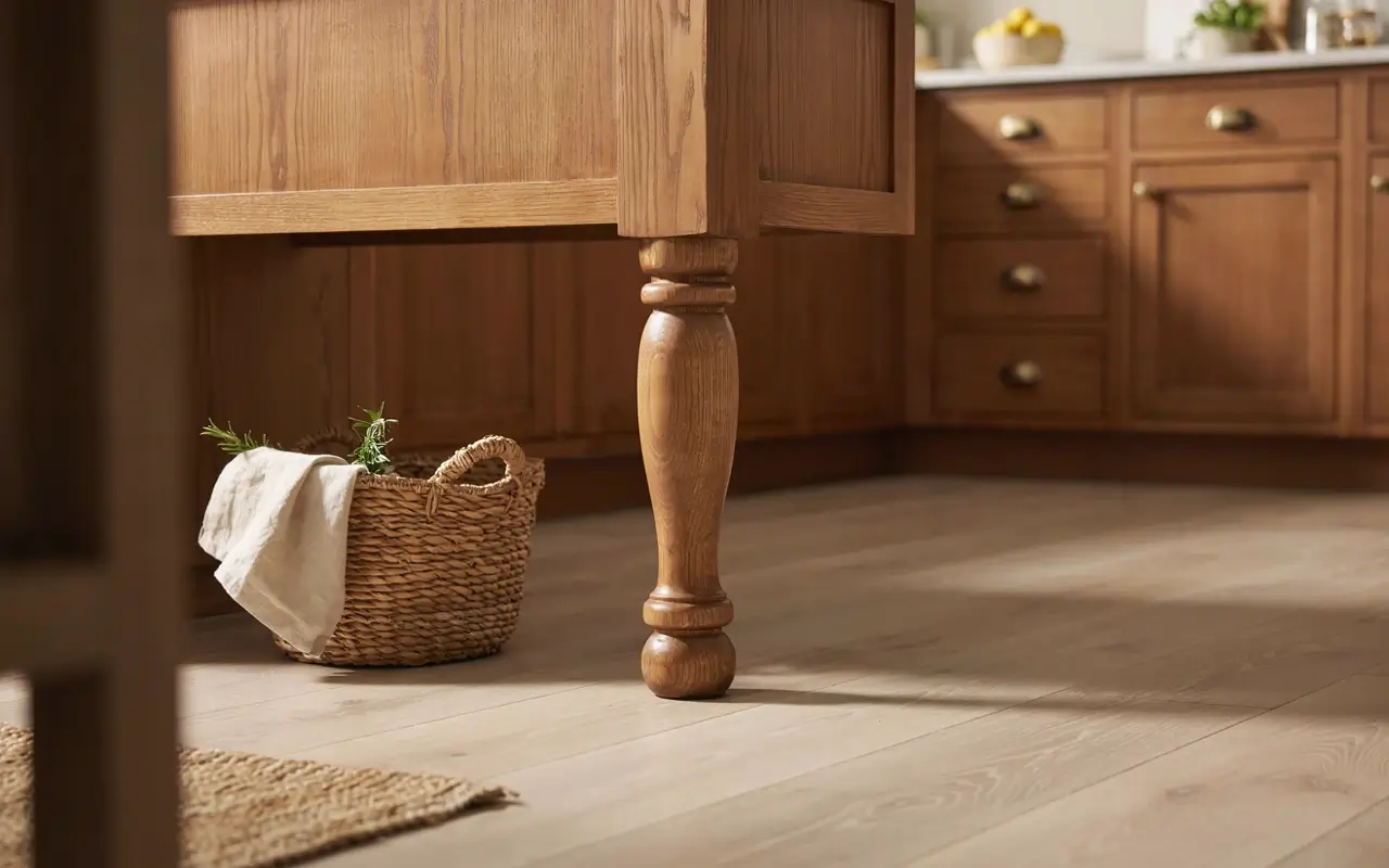 Wood kitchen island with a furniture-style turned leg and warm millwork cabinetry.