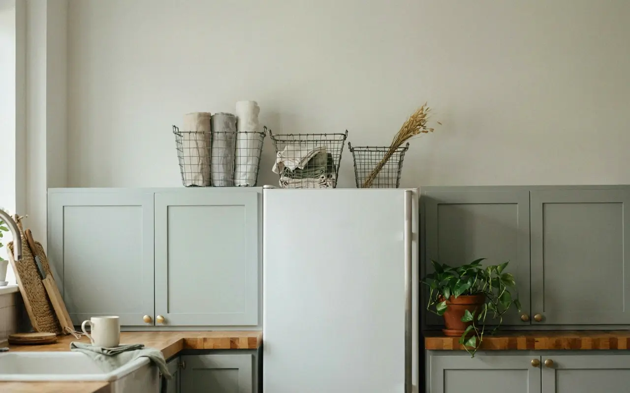 Three galvanized wire baskets with linens and dried stems displayed above a refrigerator.