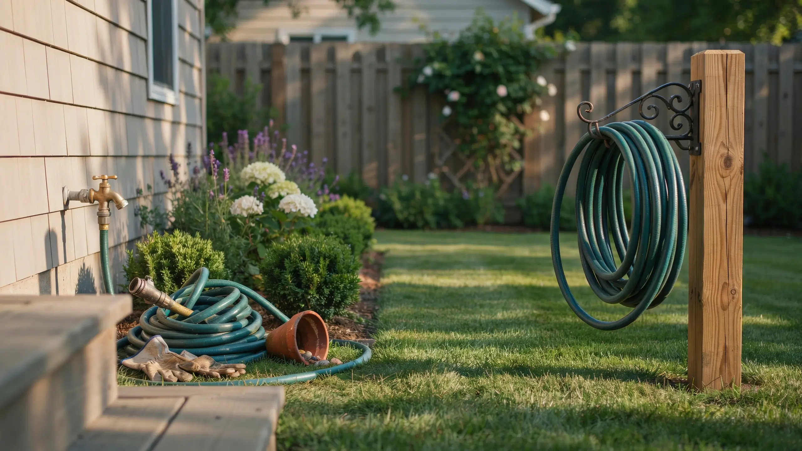 A green garden hose coiled neatly on a decorative black iron bracket, attached to a sturdy wooden post next to a brass outdoor faucet. Gardening gloves and an overturned terracotta pot rest on the green lawn, with blooming white hydrangeas, purple flowers, and a wooden privacy fence visible in a sunlit backyard.