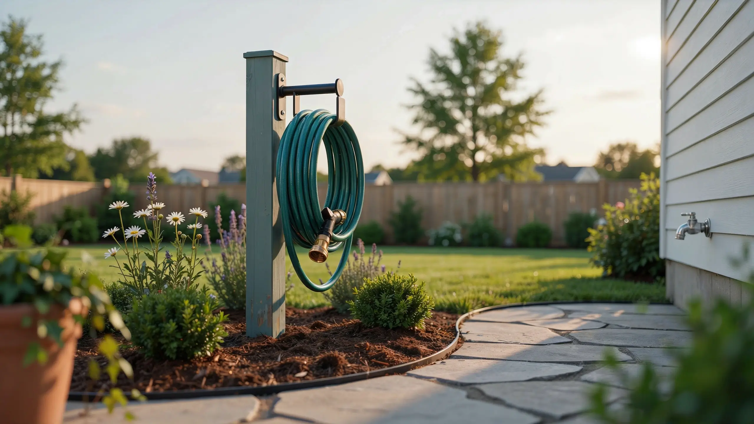 Green garden hose neatly coiled on a sage-green wooden post with a brass nozzle, situated next to a stone patio and outdoor spigot in a landscaped backyard.