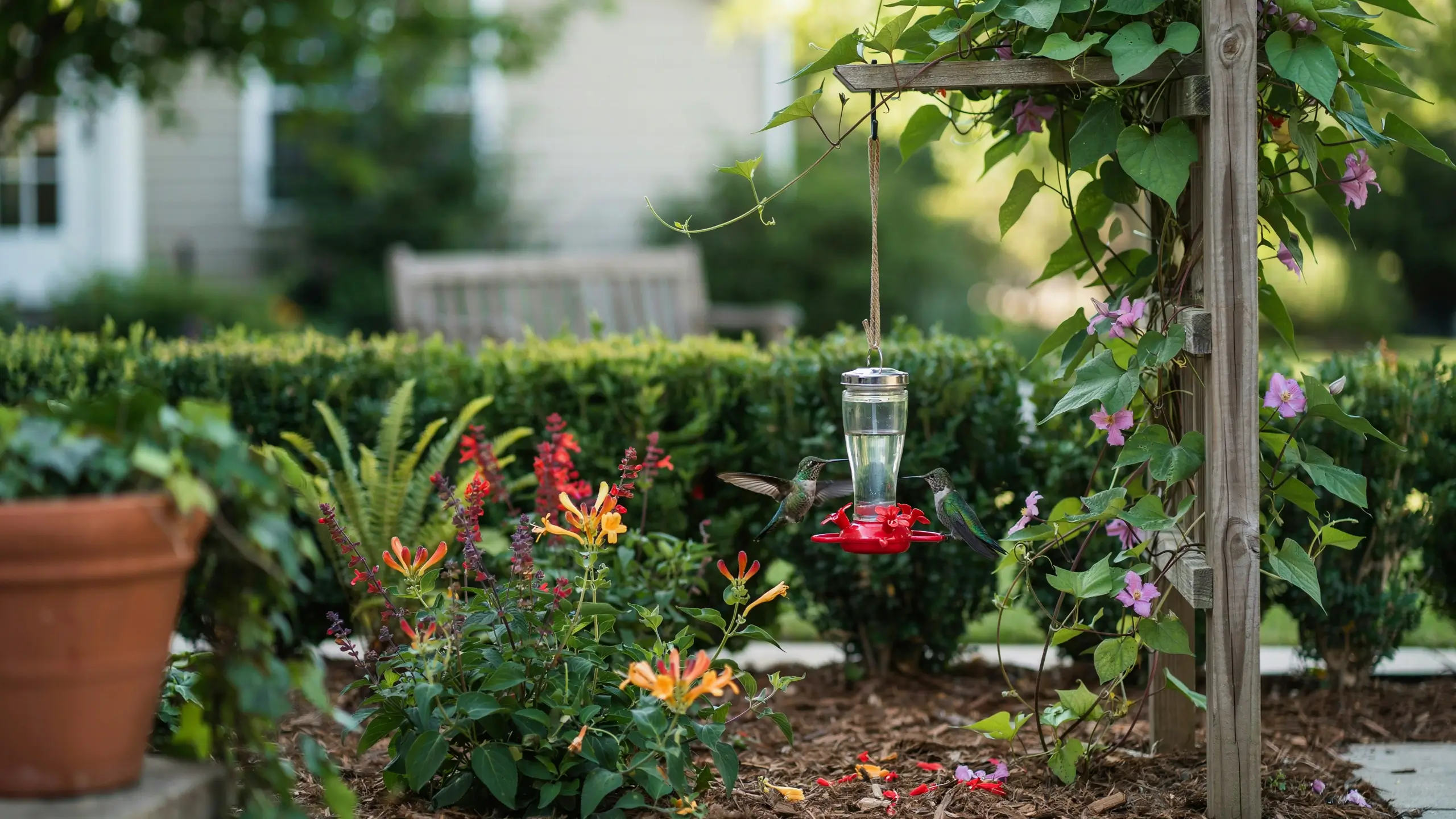 Two hummingbirds hovering near a hanging glass nectar feeder on a wooden garden trellis, surrounded by vibrant blooming vines and flowers.