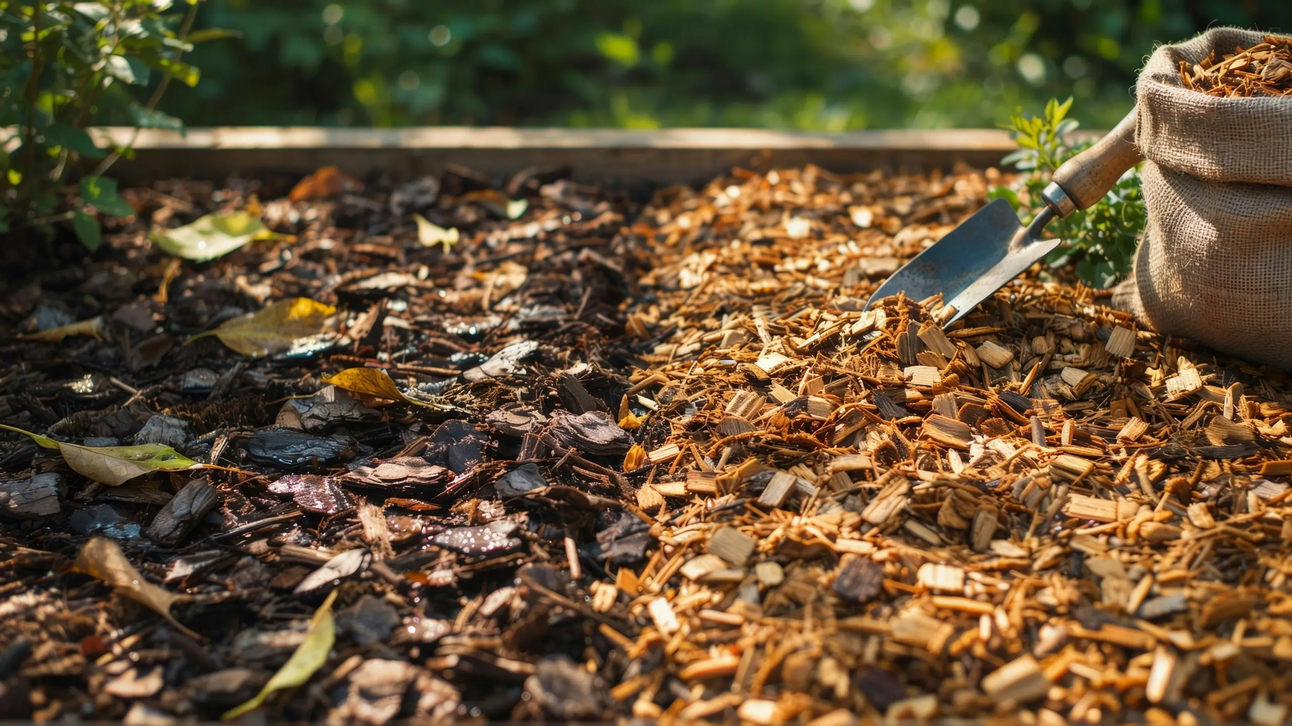 "A high-angle close-up of a gardening trowel resting on a bed of mixed wood bark and chip mulch, next to a burlap sack filled with landscaping soil amendments."