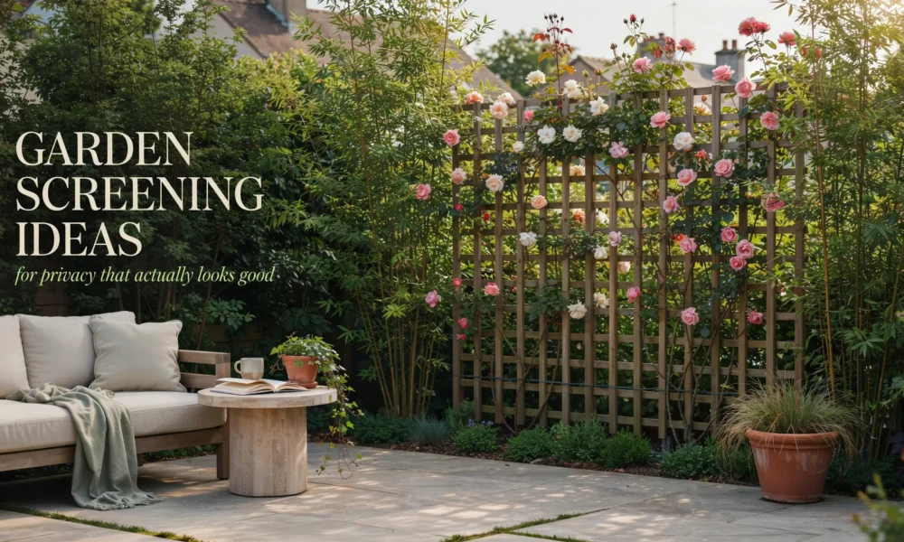 A wooden garden trellis covered in climbing pink and white roses serving as a beautiful privacy screen for a cozy, sunlit outdoor patio with a side table and coffee.