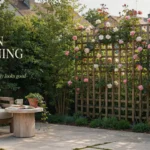 A wooden garden trellis covered in climbing pink and white roses serving as a beautiful privacy screen for a cozy, sunlit outdoor patio with a side table and coffee.