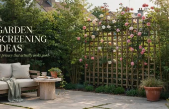 A wooden garden trellis covered in climbing pink and white roses serving as a beautiful privacy screen for a cozy, sunlit outdoor patio with a side table and coffee.