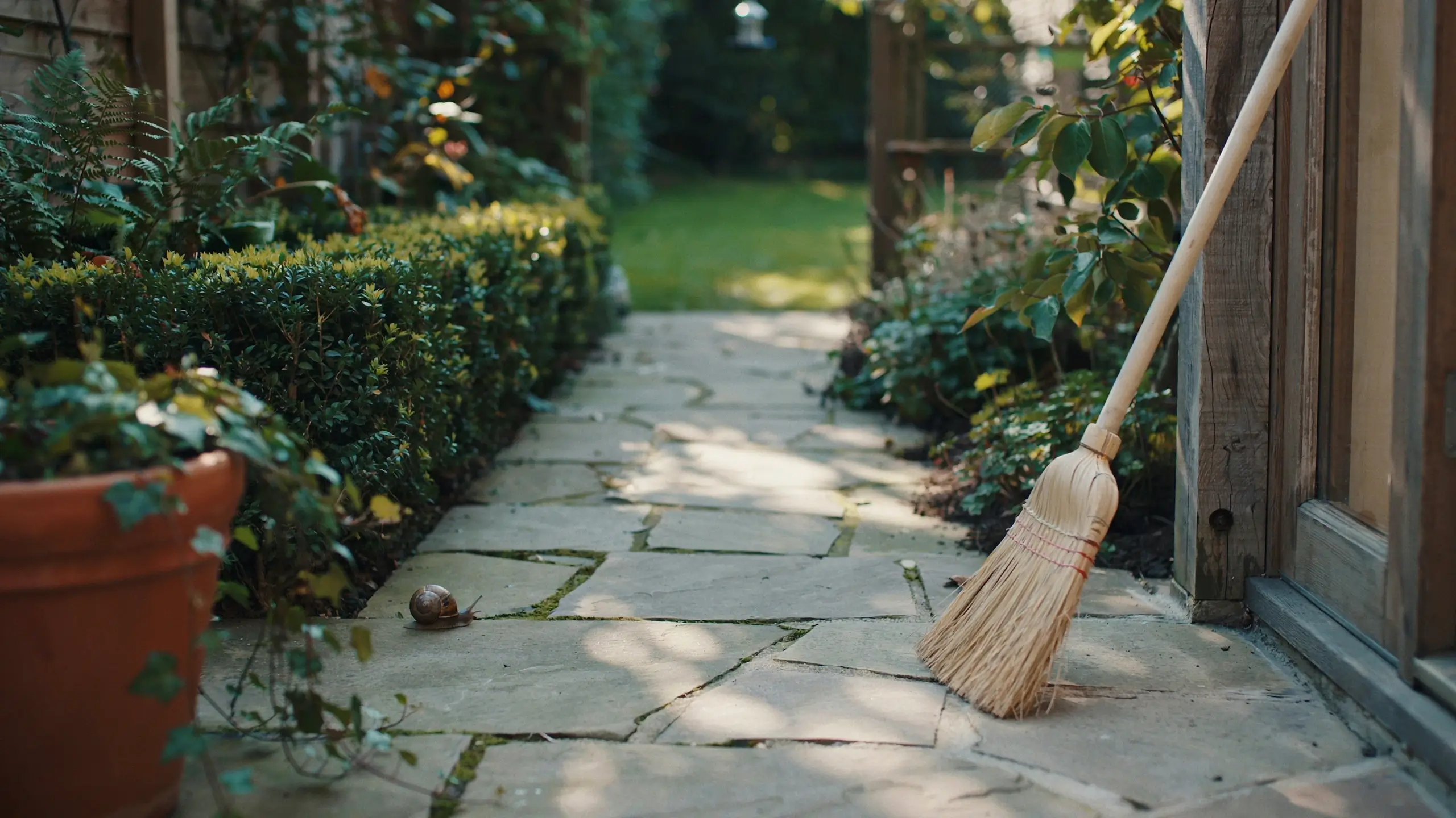 Small brown garden snail on a sunlit flagstone path near a terracotta pot, with a traditional wooden and straw broom leaning against a wooden garden door.