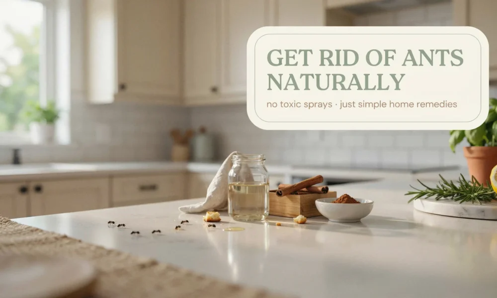 Natural ant repellent DIY setup on kitchen counter using cinnamon sticks, lemon, and rosemary.