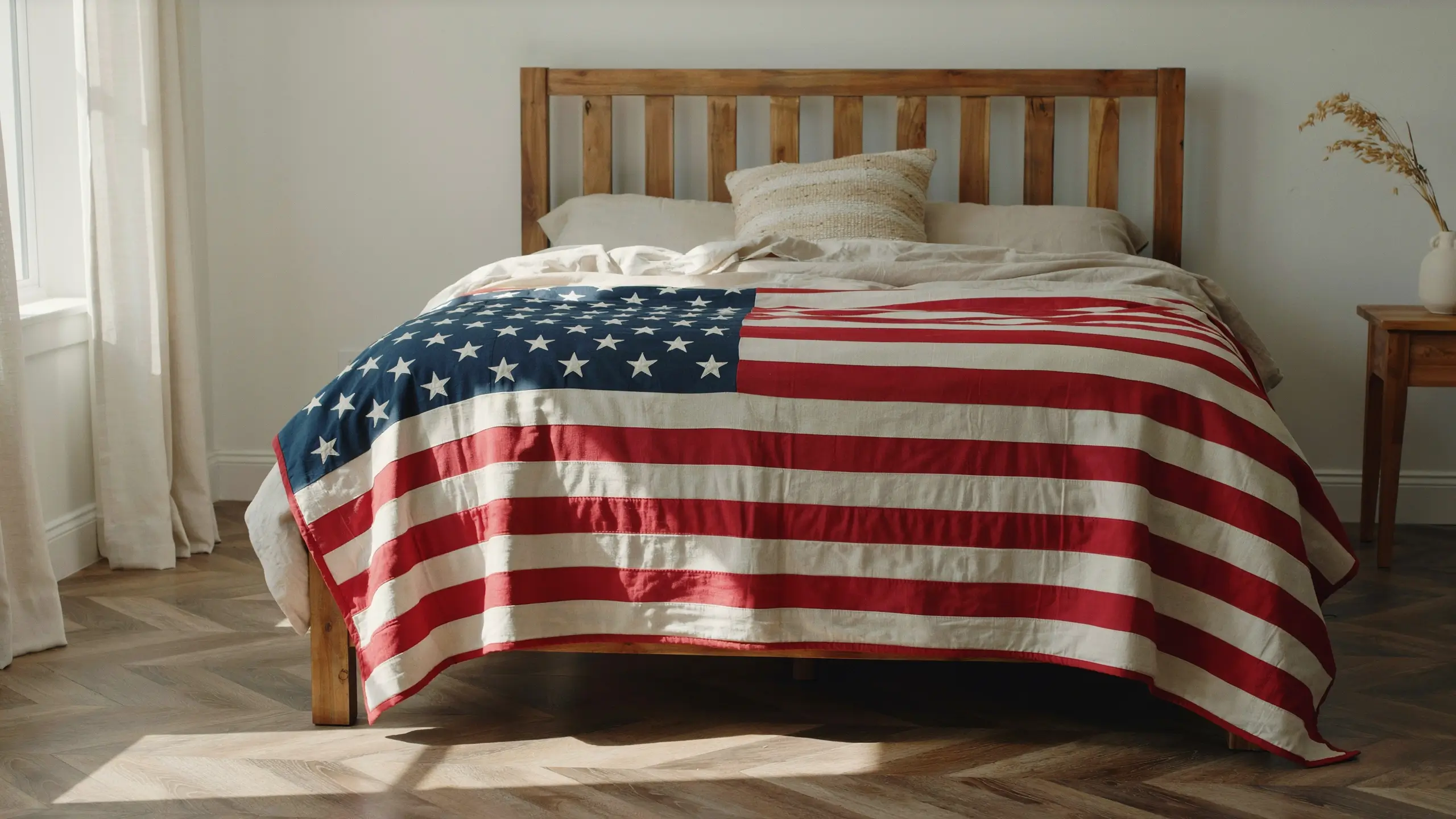 Giant American flag quilt draped over a rustic wooden bed with cream pillows in a sunlit minimalist bedroom.