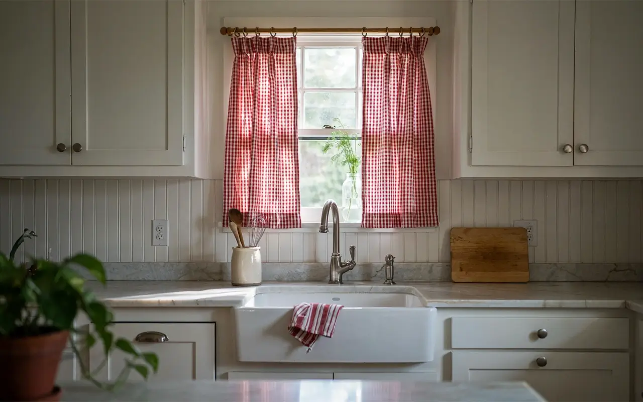 Red gingham café curtains over a farmhouse apron sink in a cottage kitchen.