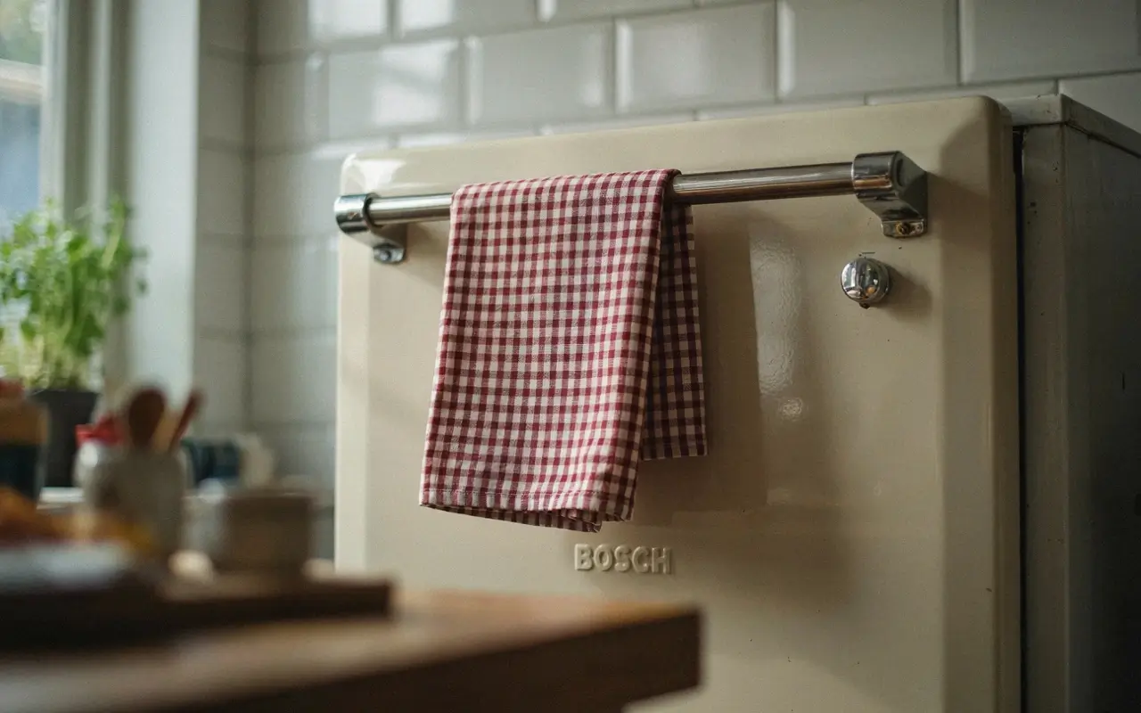Red gingham tea towel draped over a cream oven handle in a cozy vintage kitchen.
