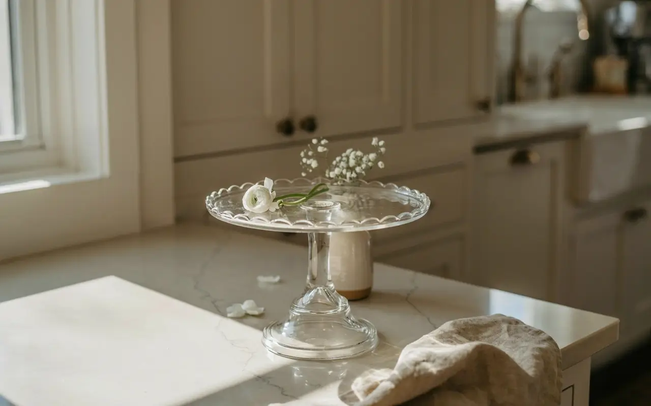 Glass cake stand on a marble counter corner in a soft cream kitchen with white flowers and natural window light.