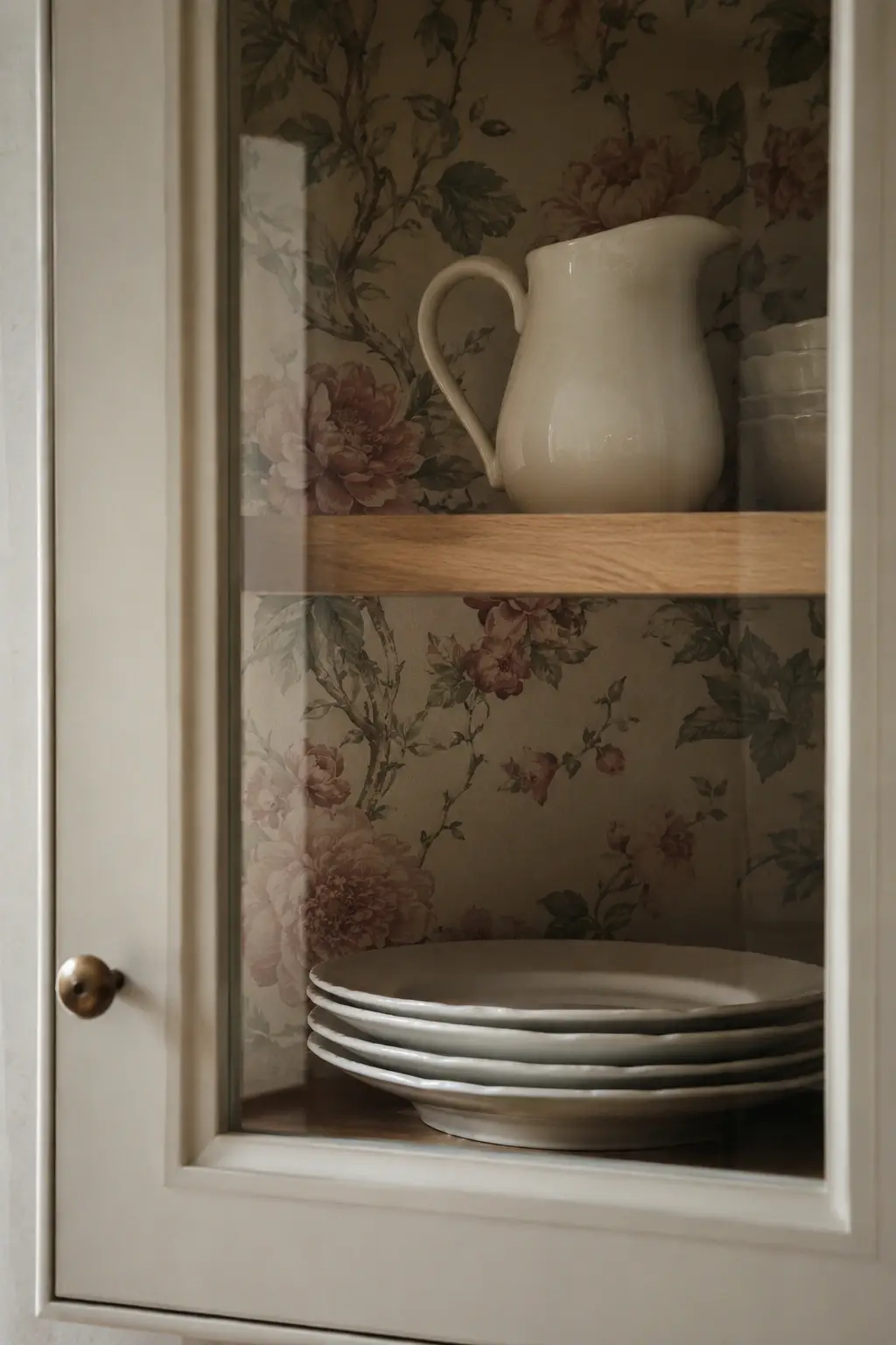 Glass-front cabinet lined with soft floral wallpaper, a cream pitcher, and stacked white plates.