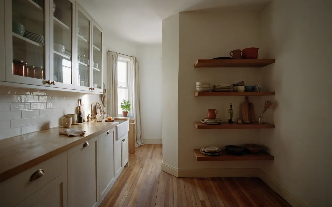 Glass-front cabinets face open wooden shelves in a narrow white kitchen with warm wood counters.