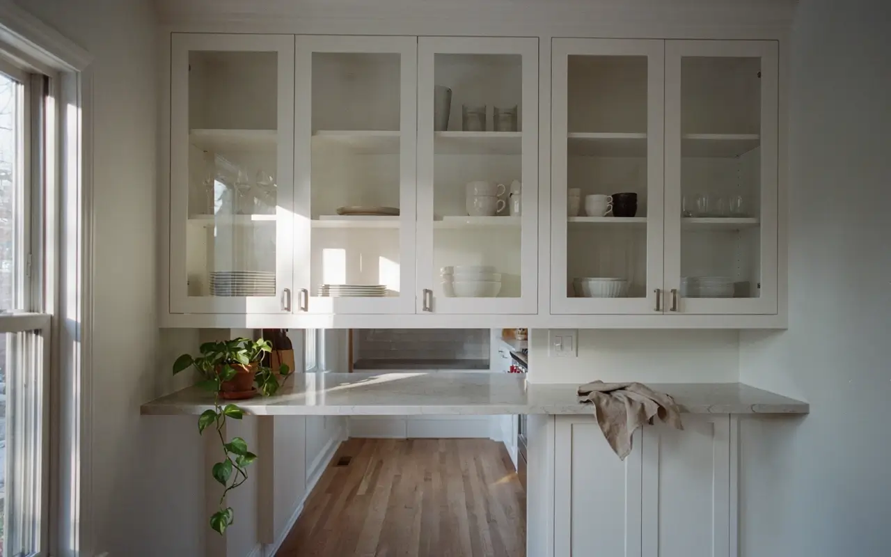 Glass-front upper cabinets on a white kitchen peninsula wall with dishes, sunlight, and a small trailing plant.