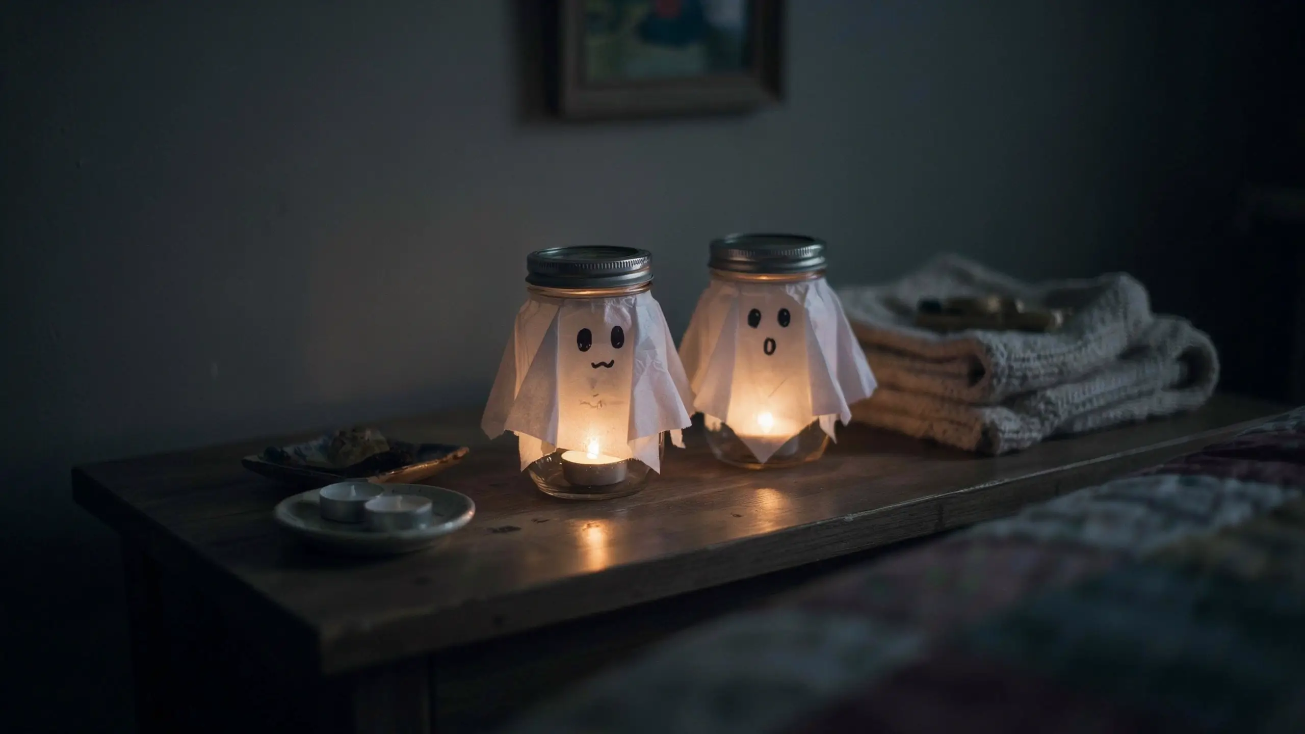 "Two DIY glowing mason jar ghosts with drawn faces and warm tea lights inside, resting on a wooden bedside table as cozy Halloween home decor."