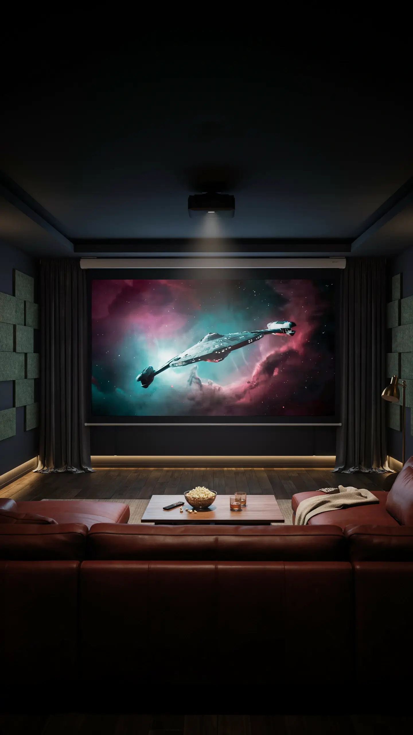 Go projector instead of TV: Immersive home theater setup with a large projection screen displaying a sci-fi spaceship, plush red leather sofa, and movie snacks. 