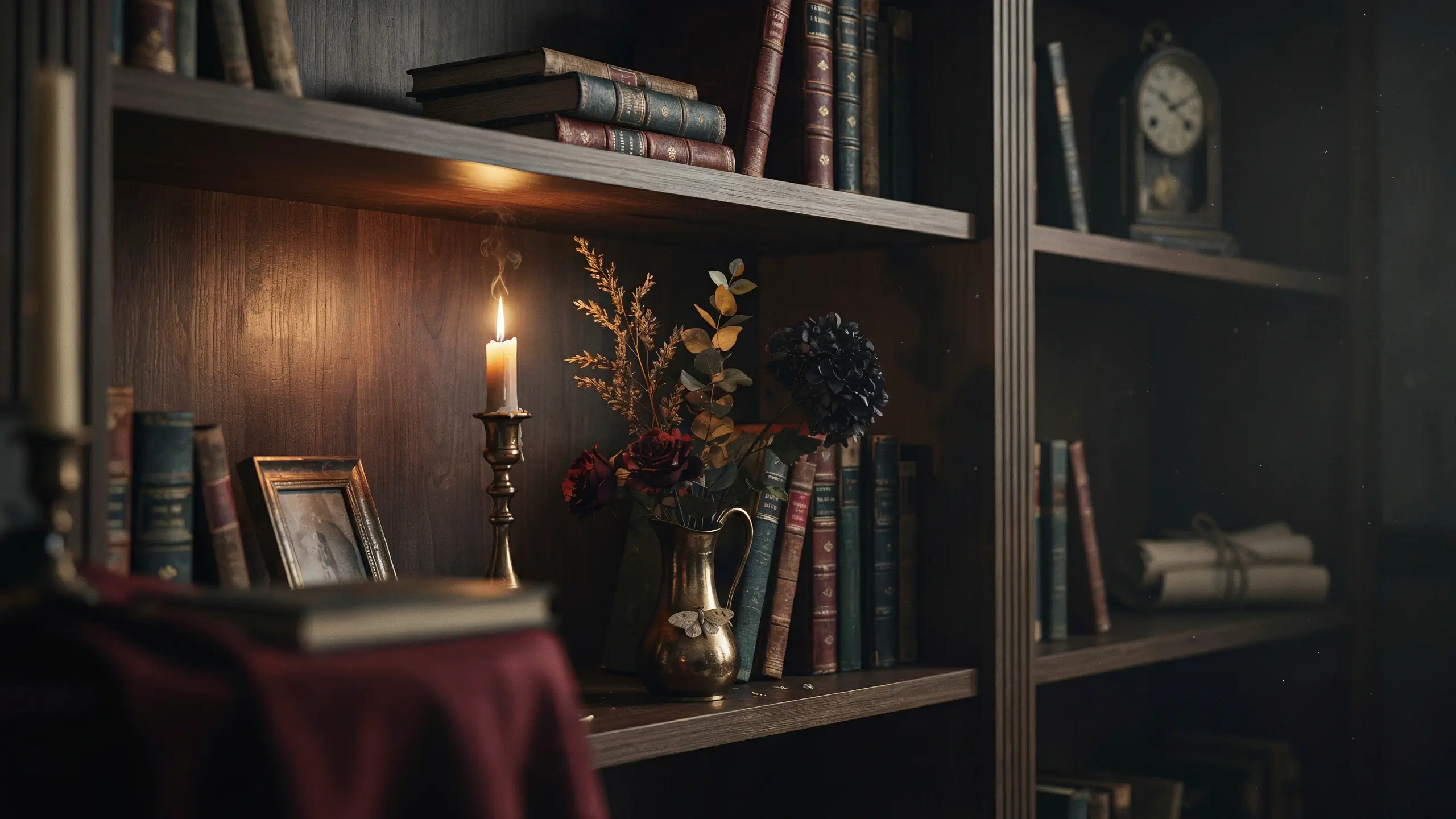 A moody Gothic manor bookshelf featuring a lit candle in a brass candlestick, a brass pitcher holding dark red roses and hydrangeas, and antique leather-bound books. 