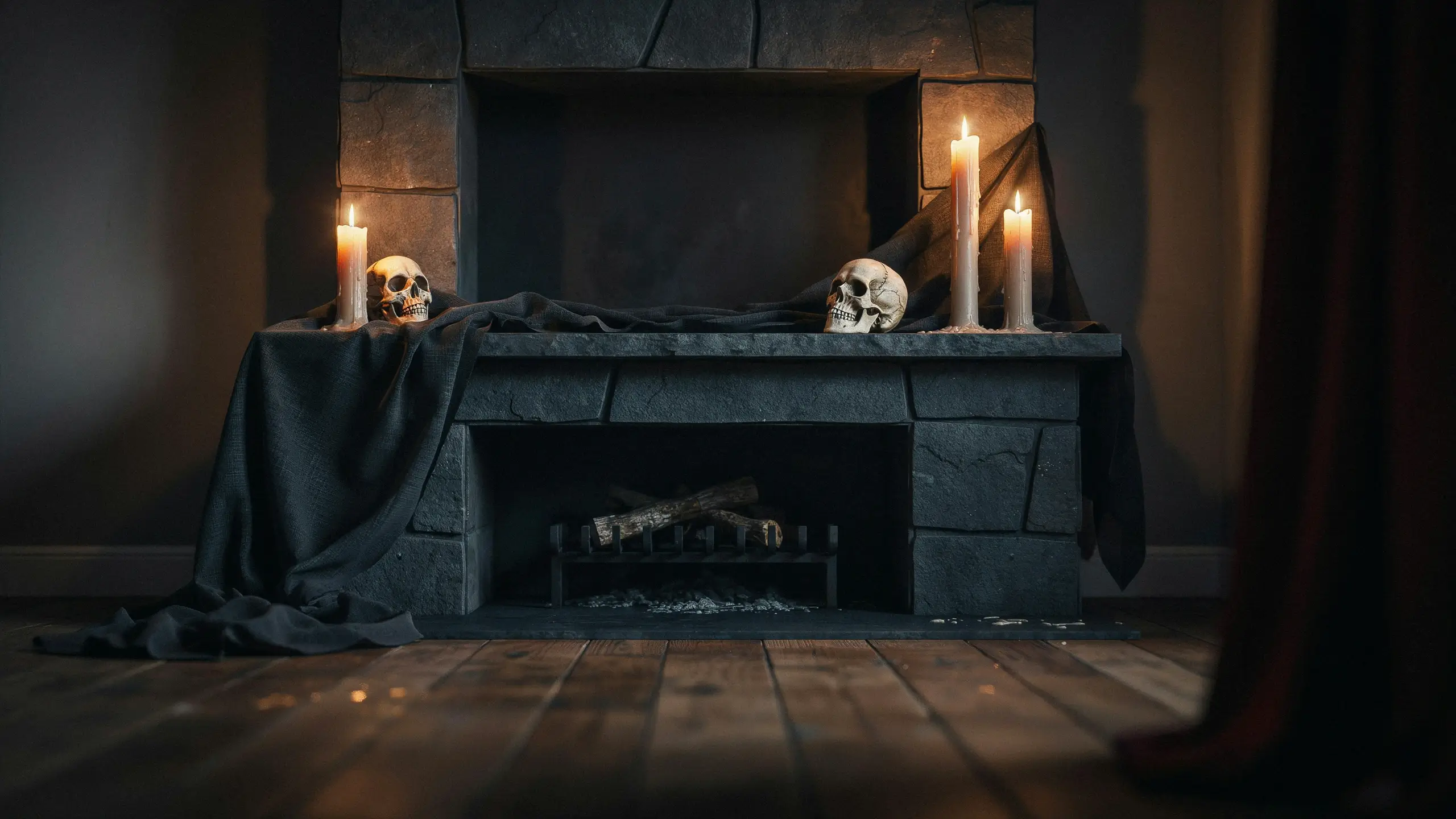 Dark gothic stone mantelpiece draped in black fabric featuring two realistic skulls and glowing white taper candles for a spooky Halloween atmosphere. 