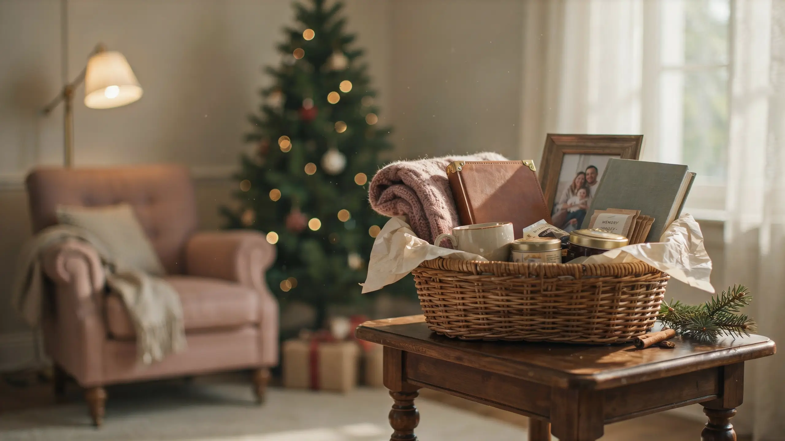 A thoughtful grandparent basket filled with cozy comforts, memory keepsakes, tea, and a family photo.