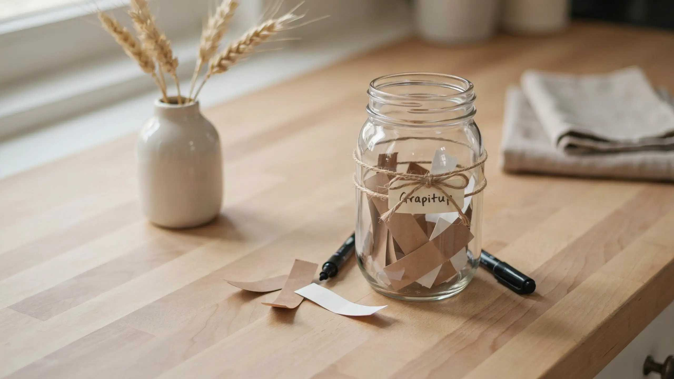 A clear glass gratitude jar tied with rustic twine and filled with folded paper notes, set on a wooden table beside a marker and small vase of dried wheat for a daily thankfulness ritual.