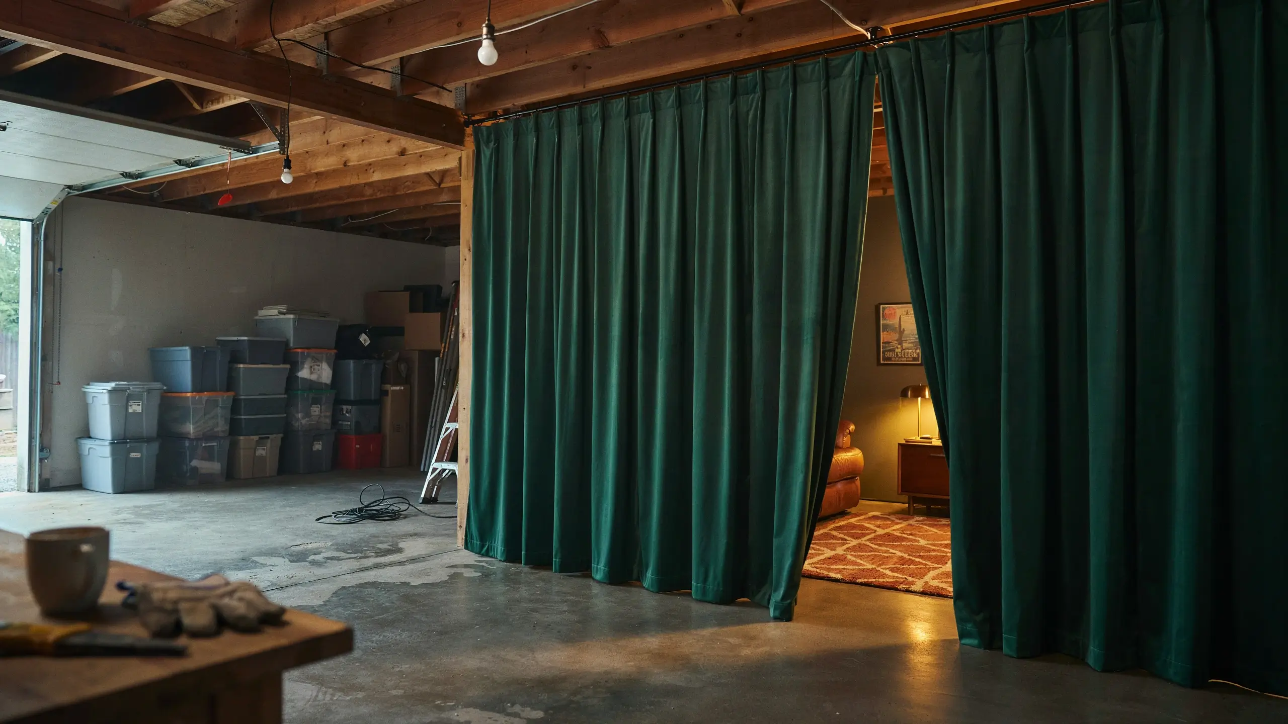 Tall dark green drape used as a temporary room divider separating a cluttered garage storage zone from a warm, furnished living area with an orange rug and lamp.