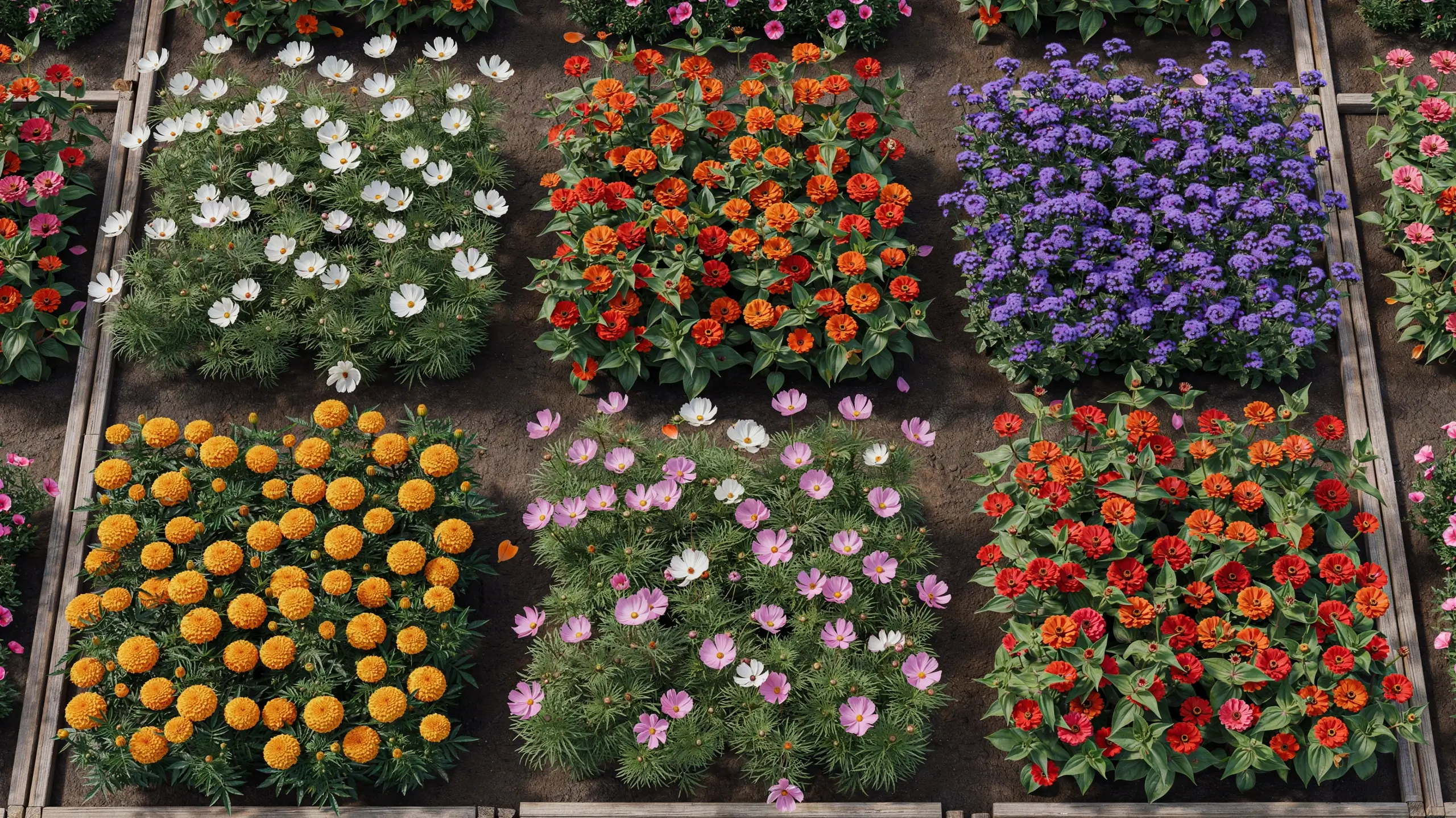 Top-down view of grid or block planting in six wooden raised beds featuring assorted white, orange, yellow, purple, pink, and red annual flowers