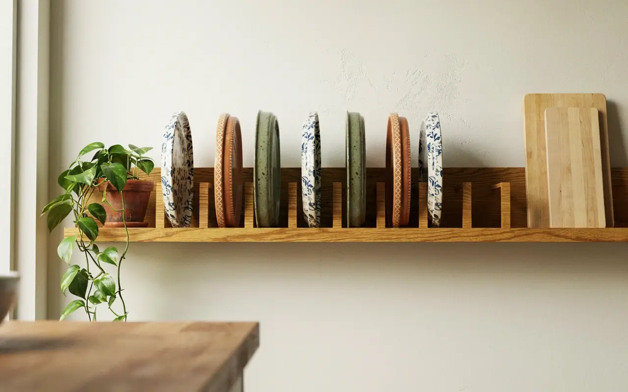 Grooved wood plate rack shelf displaying patterned plates, cutting boards, and a trailing plant in a kitchen.