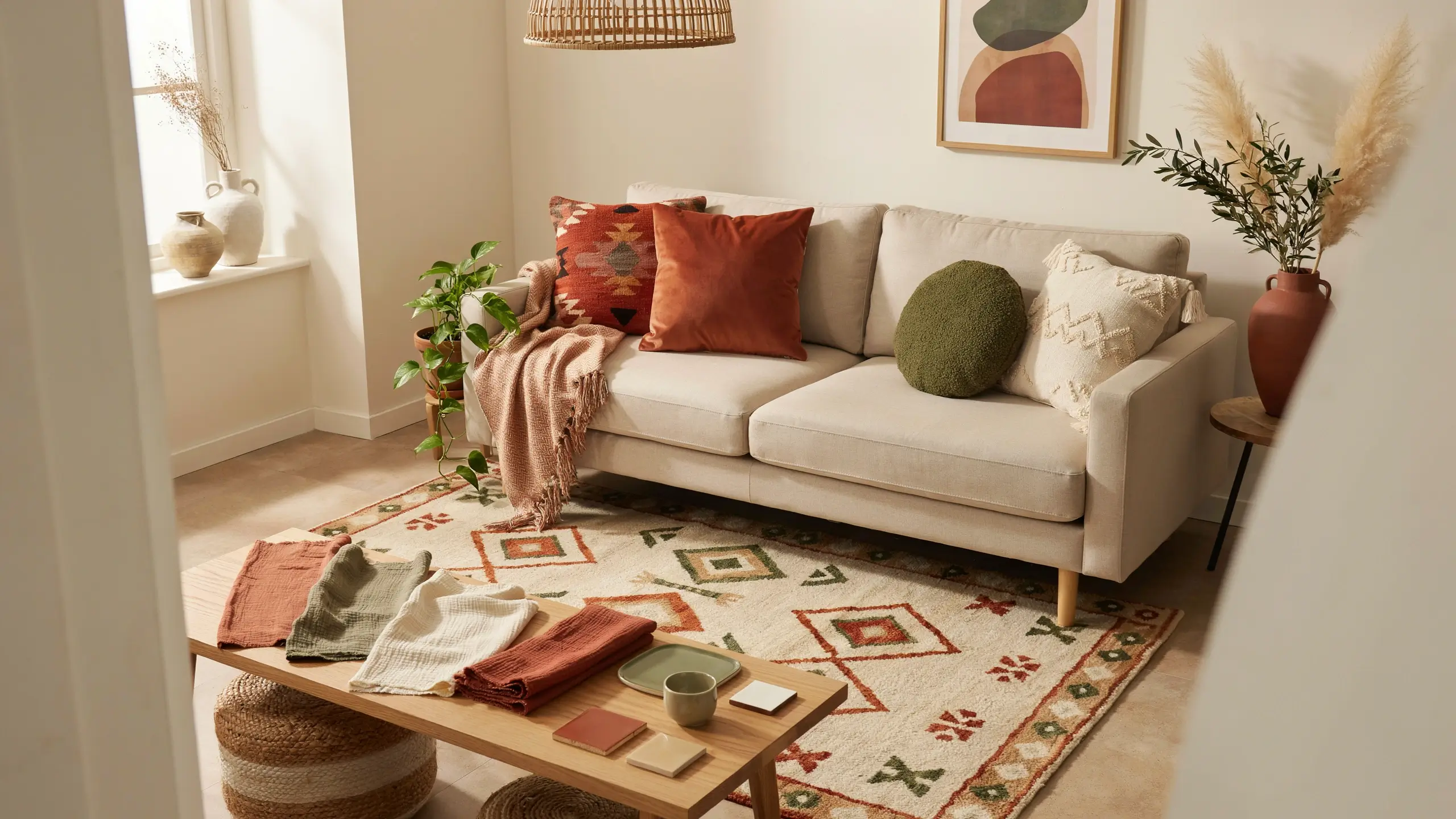 Boho living room with a cream sofa, terracotta pillows, olive accents and a patterned rug