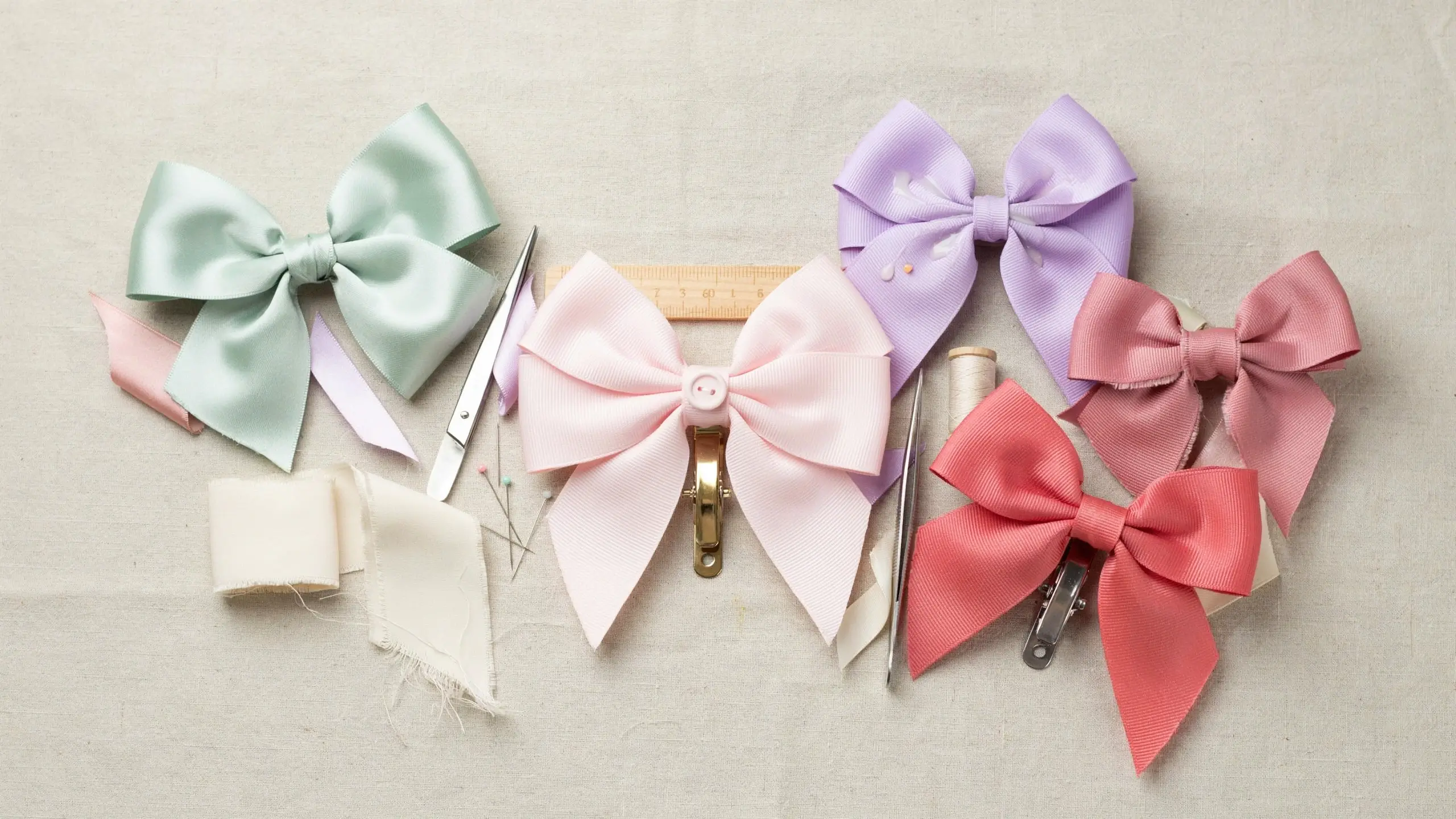 Alt Text: Pastel handmade hair bows with scissors, ruler, pins, thread, and clips arranged on a fabric workspace.
