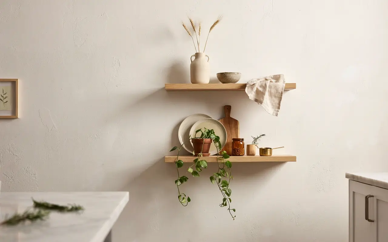 Half-empty wood kitchen shelves on a plaster wall with plates, plants, ceramics, and open negative space.