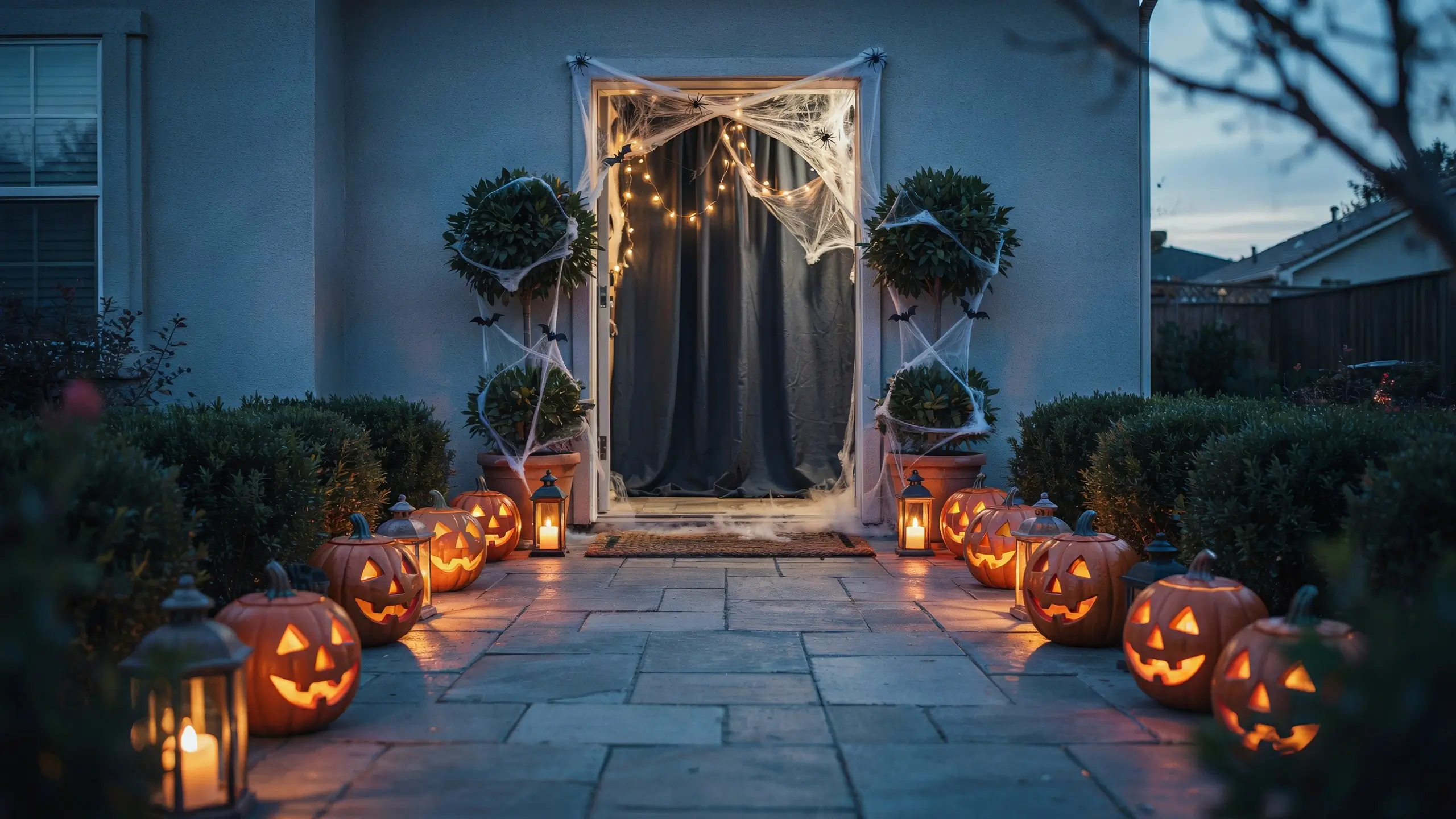 Halloween front porch entryway at twilight decorated with glowing jack-o'-lanterns, glass candle lanterns lining the stone path, and a door draped in fake spiderwebs and string lights over dark curtains.