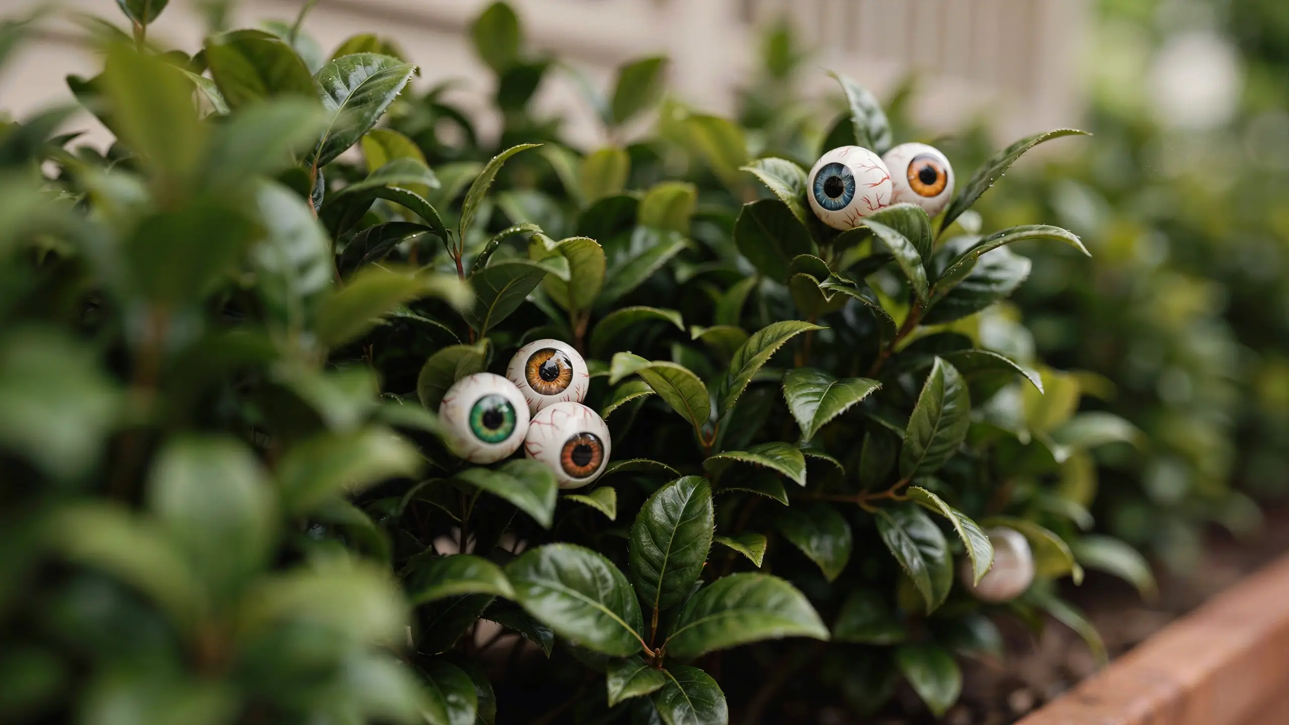 Close-up of spooky evergreen bushes decorated with realistic bloodshot fake eyeballs featuring blue, green, and brown irises for Halloween garden decor. 