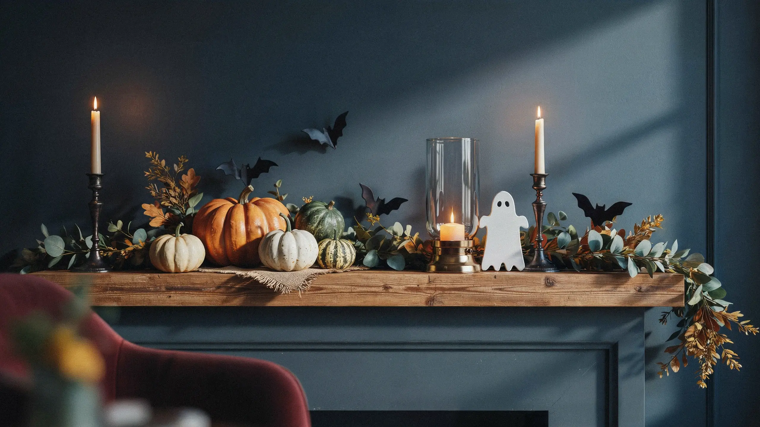 Halloween fireplace mantel arrangement with orange pumpkins, lit candles, and black bat/white ghost silhouettes on a dark blue wall.