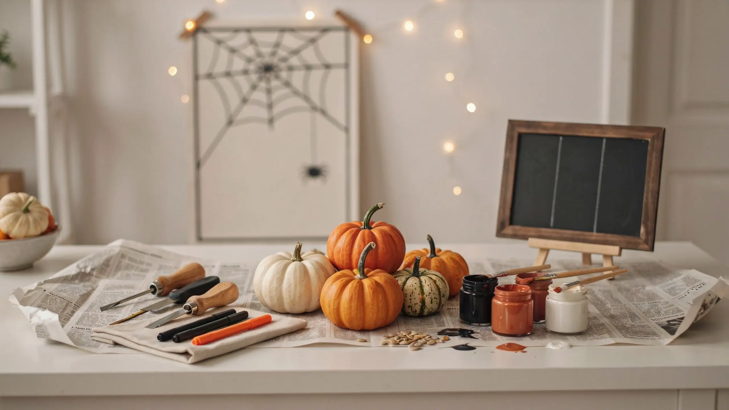 A neatly arranged Halloween DIY craft station on a white table with orange and white pumpkins, carving tools, paint jars, brushes, and a chalkboard, illustrating a focused two-or-three activity setup.