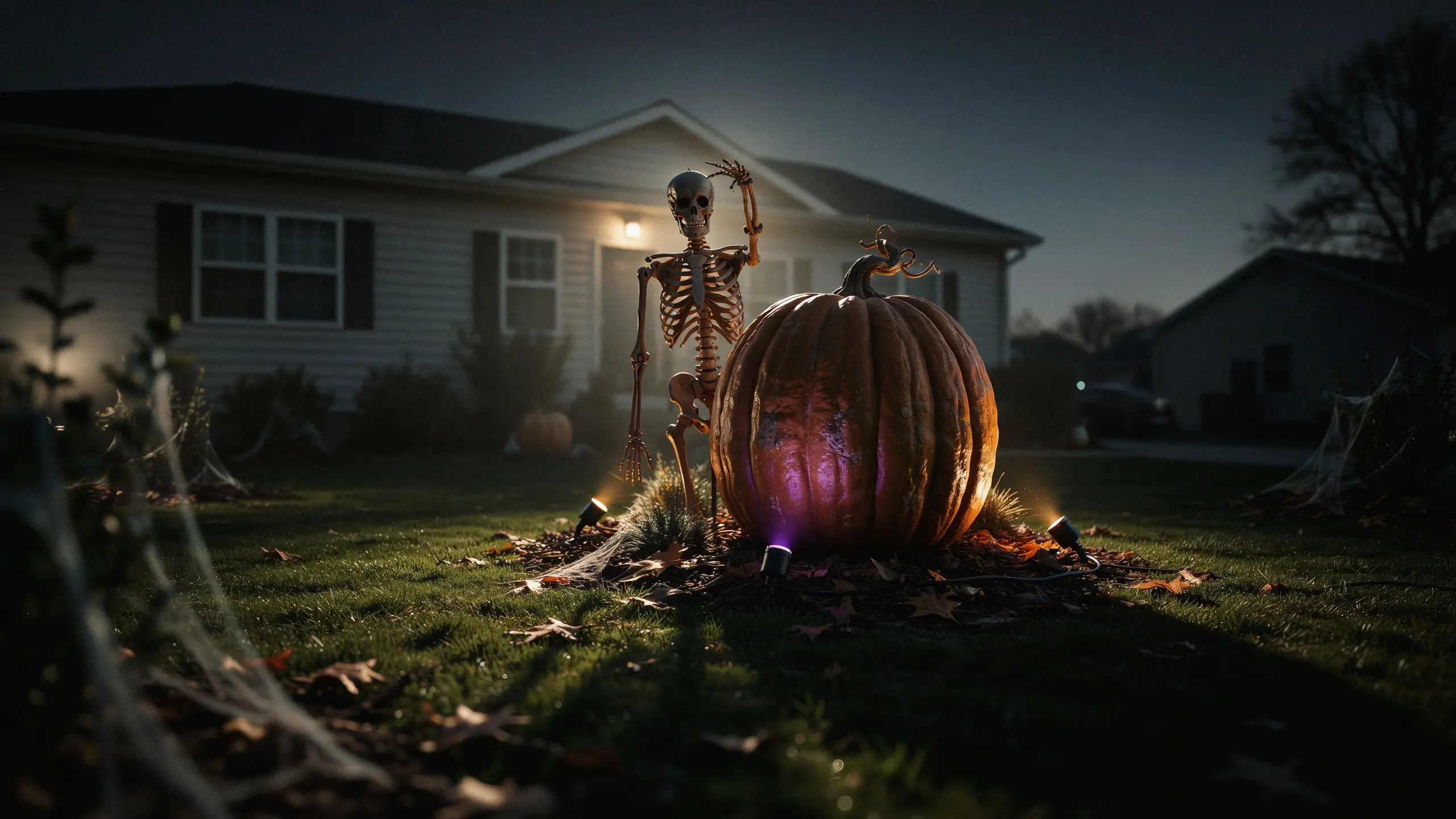 Halloween yard display featuring a skeleton beside a giant pumpkin, illuminated with purple and orange ambient uplighting on a dark suburban lawn. 