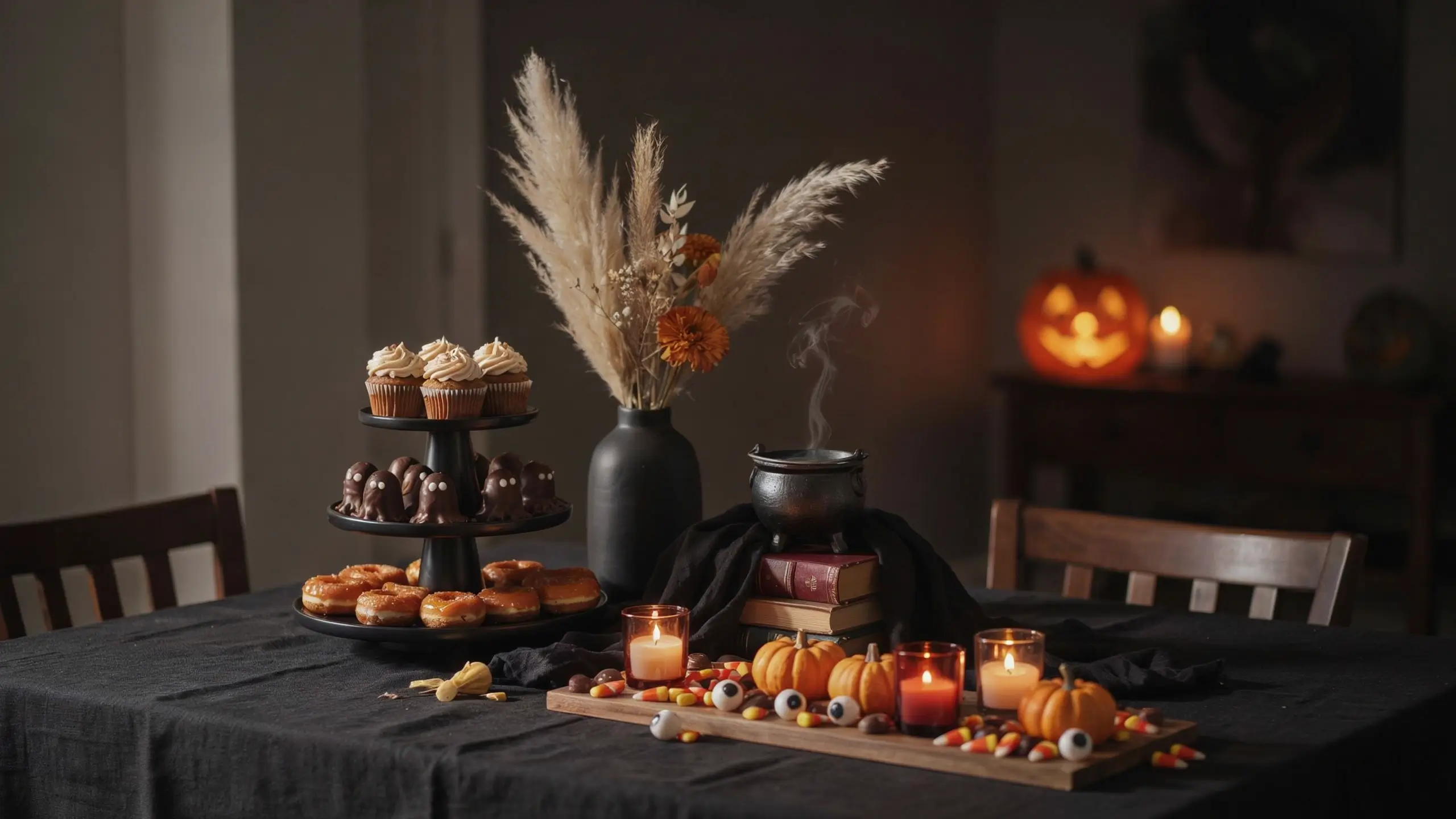 Halloween dessert table centerpiece featuring a steaming black cauldron on antique books, pampas grass with orange mums, small pumpkins, candy corn, and a tiered tray of ghost cupcakes and donuts against a moody backdrop.