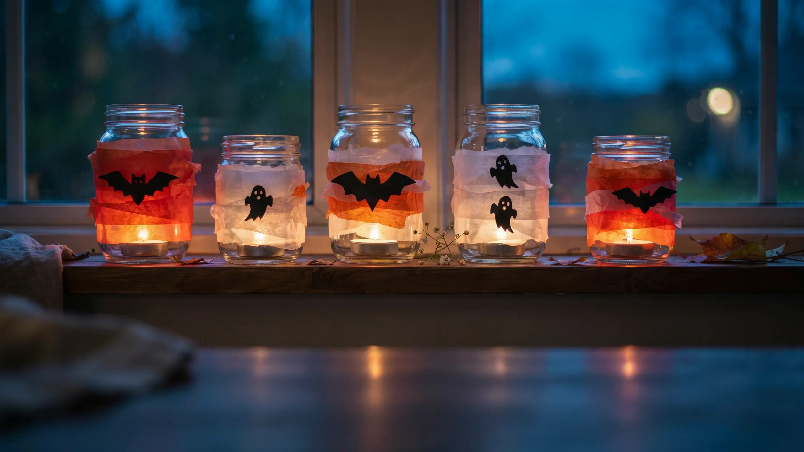 Five DIY Halloween mason jar luminaries decorated with layered orange and white tissue paper, featuring black bat and ghost silhouettes, glowing with warm tea light candles on a wooden windowsill during a blue twilight dusk. 