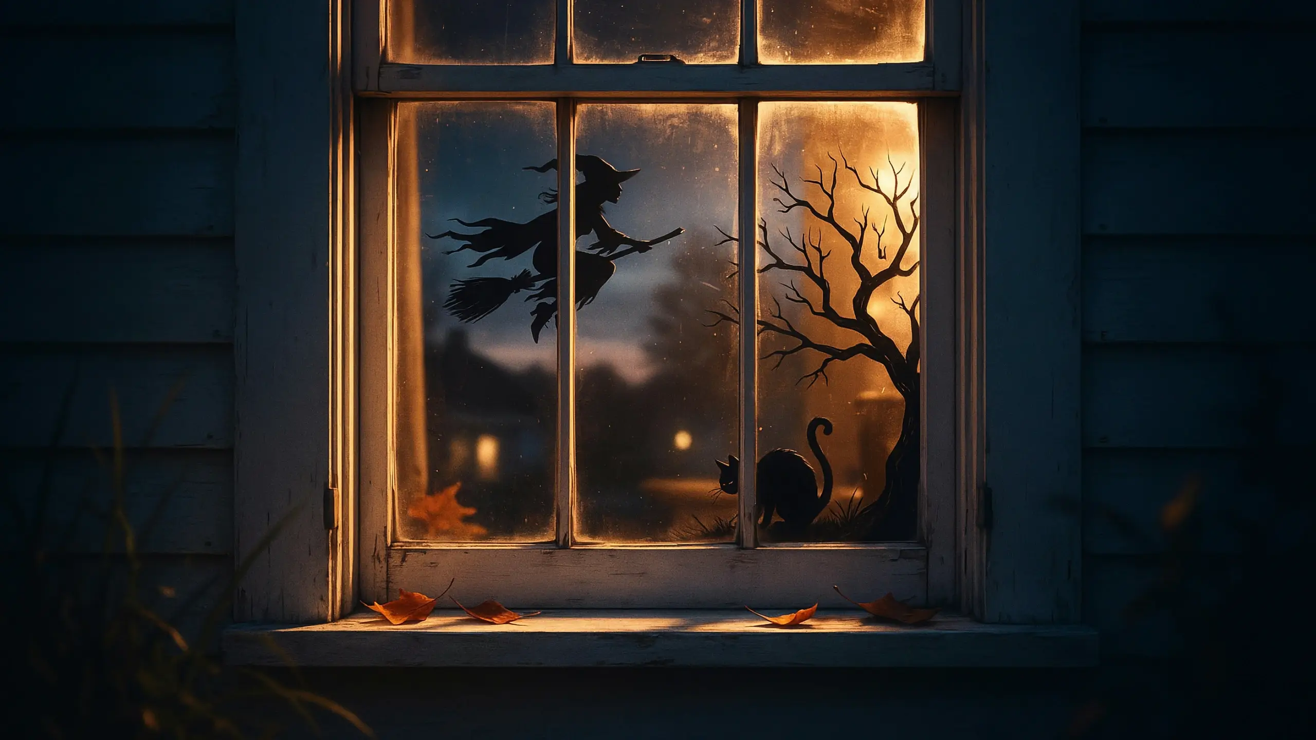 A spooky Halloween window silhouette featuring a flying witch on a broom, a black cat, and a bare tree illuminated by a warm, glowing interior light. 