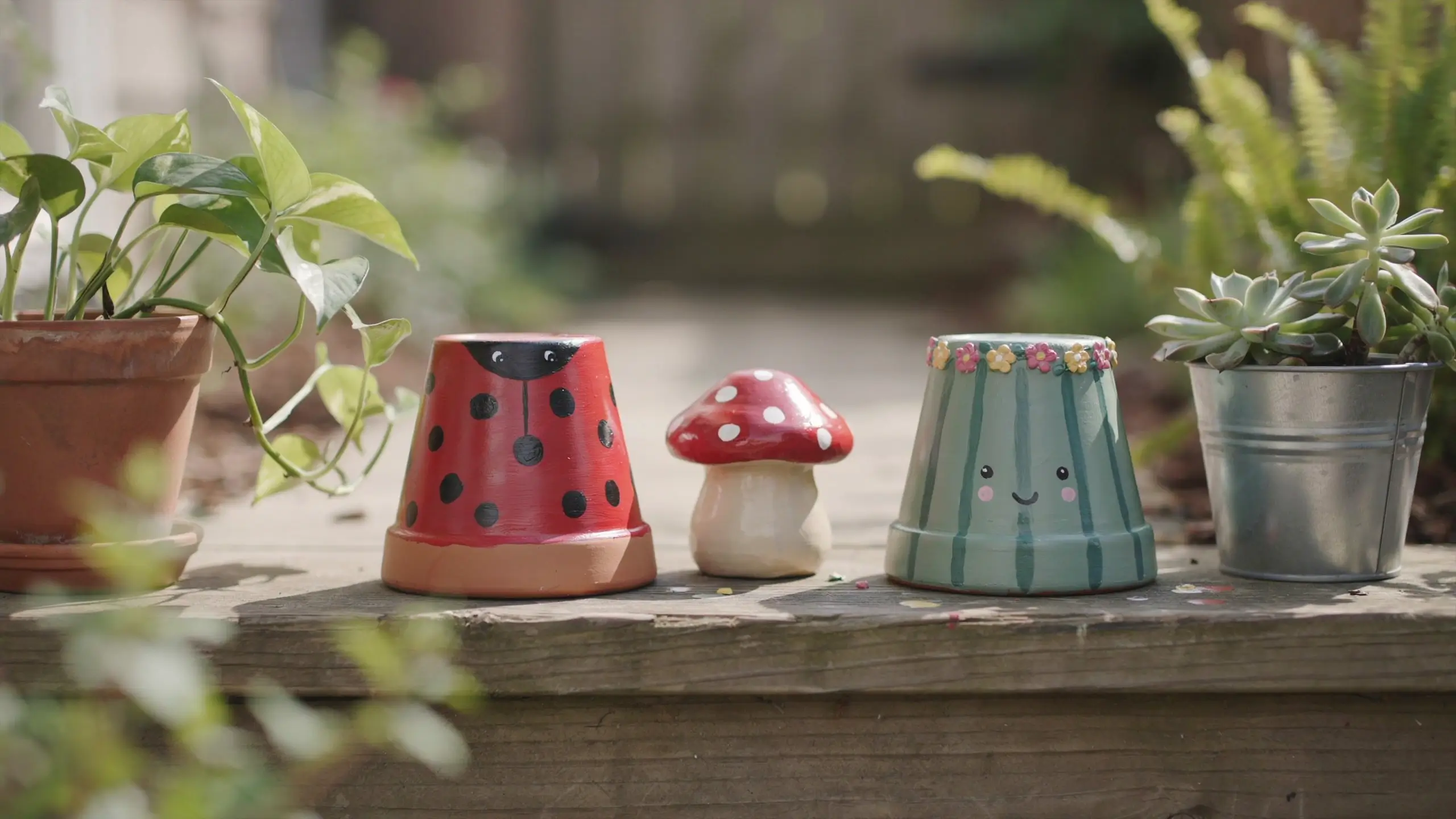 Hand-painted red ladybug and green cactus face terracotta pots, with a mushroom decoration, succulent plant, and pothos on a rustic outdoor wooden deck.