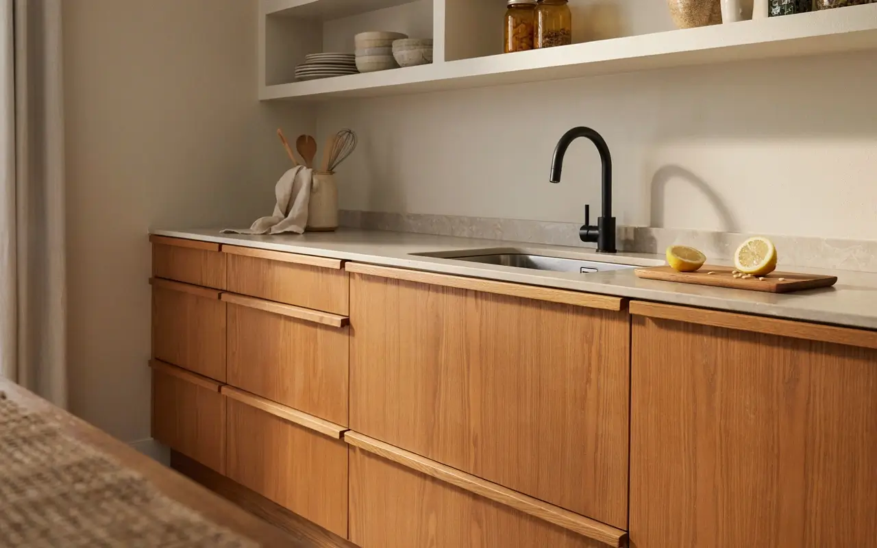 European-style handleless wood lower cabinets with push-latch grooves, black faucet, and open shelves.